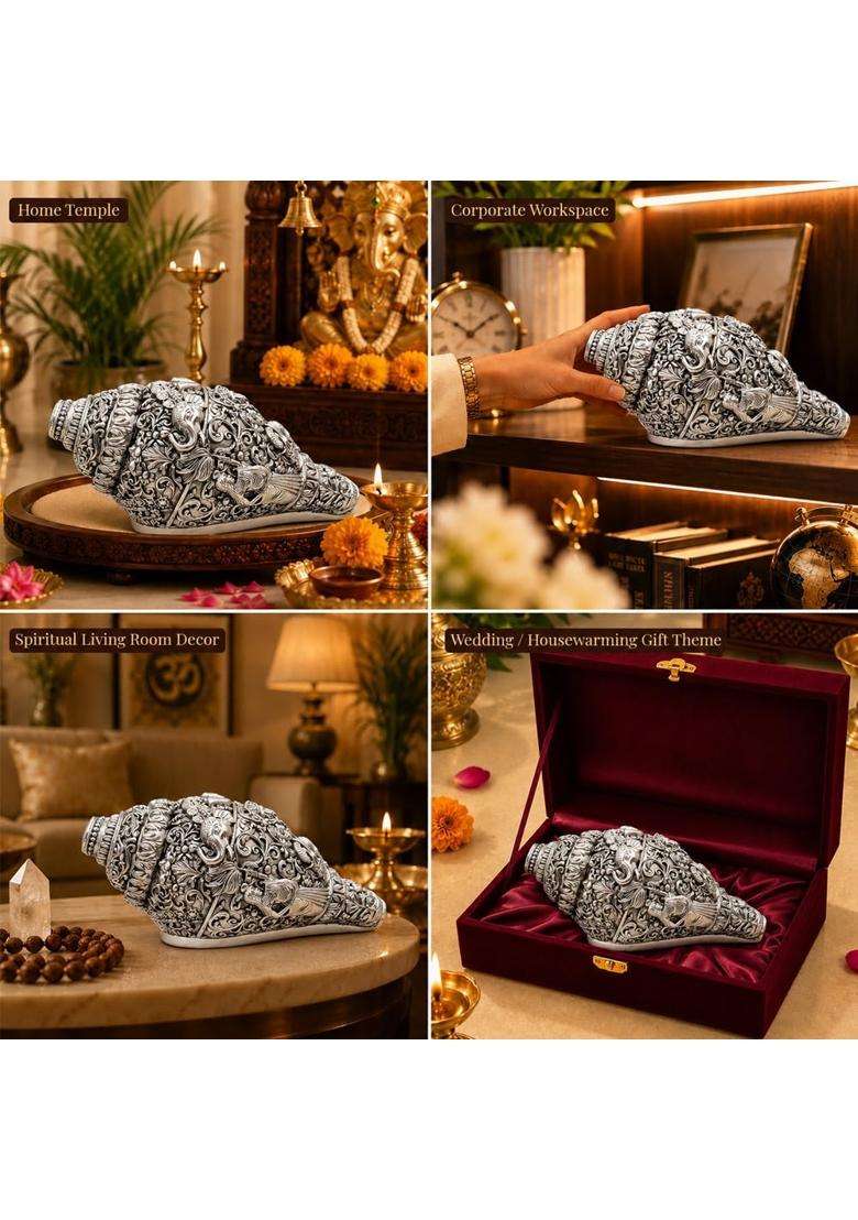 Diviniti 999 Silver Plated Sacred Ganesha Shankh with Luxury Velvet Gift Box - Indya