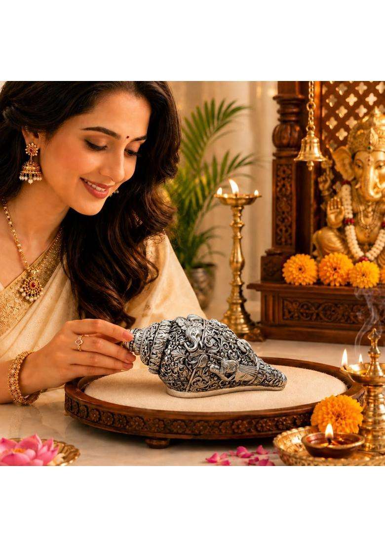 Diviniti 999 Silver Plated Sacred Ganesha Shankh with Luxury Velvet Gift Box - Indya