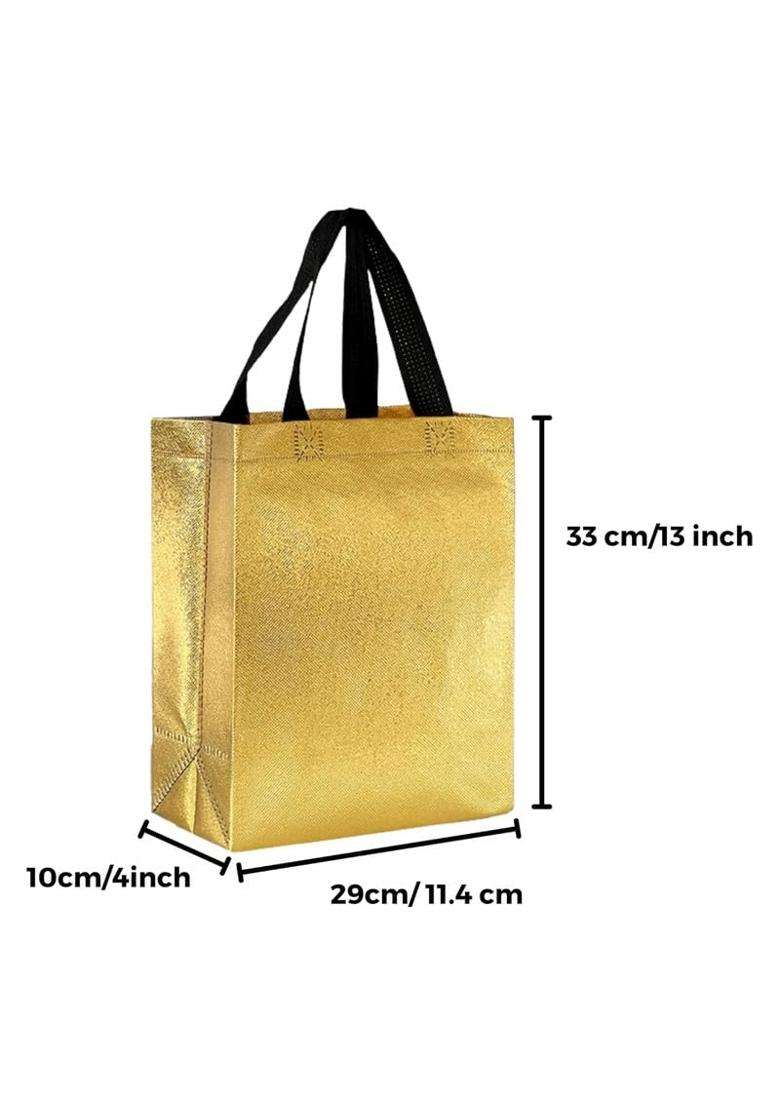 Evafly Golden Gift Bag Medium Size L13 X W12 X D4 Inch Resuable Non Woven Shiny Metallic Laminated Pack of 50 - Indya