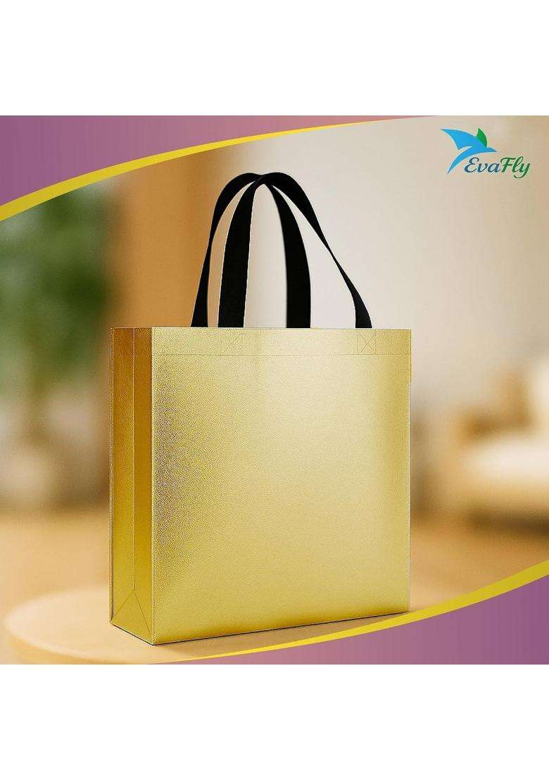 Evafly Golden Gift Bag Medium Size L13 X W12 X D4 Inch Resuable Non Woven Shiny Metallic Laminated Pack of 50 - Indya