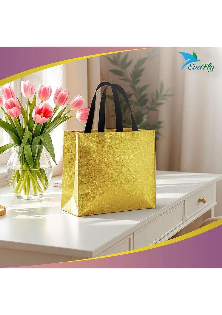 Evafly Golden Gift Bag Medium Size L13 X W12 X D4 Inch Resuable Non Woven Shiny Metallic Laminated Pack of 50 - Indya