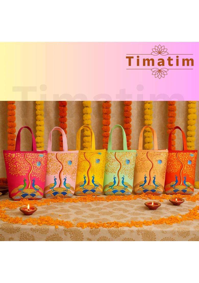 Zuvim Multicolor Timatim Wedding Return Gift Bags for Women Zipper Pouches with Peacock Print - Indya