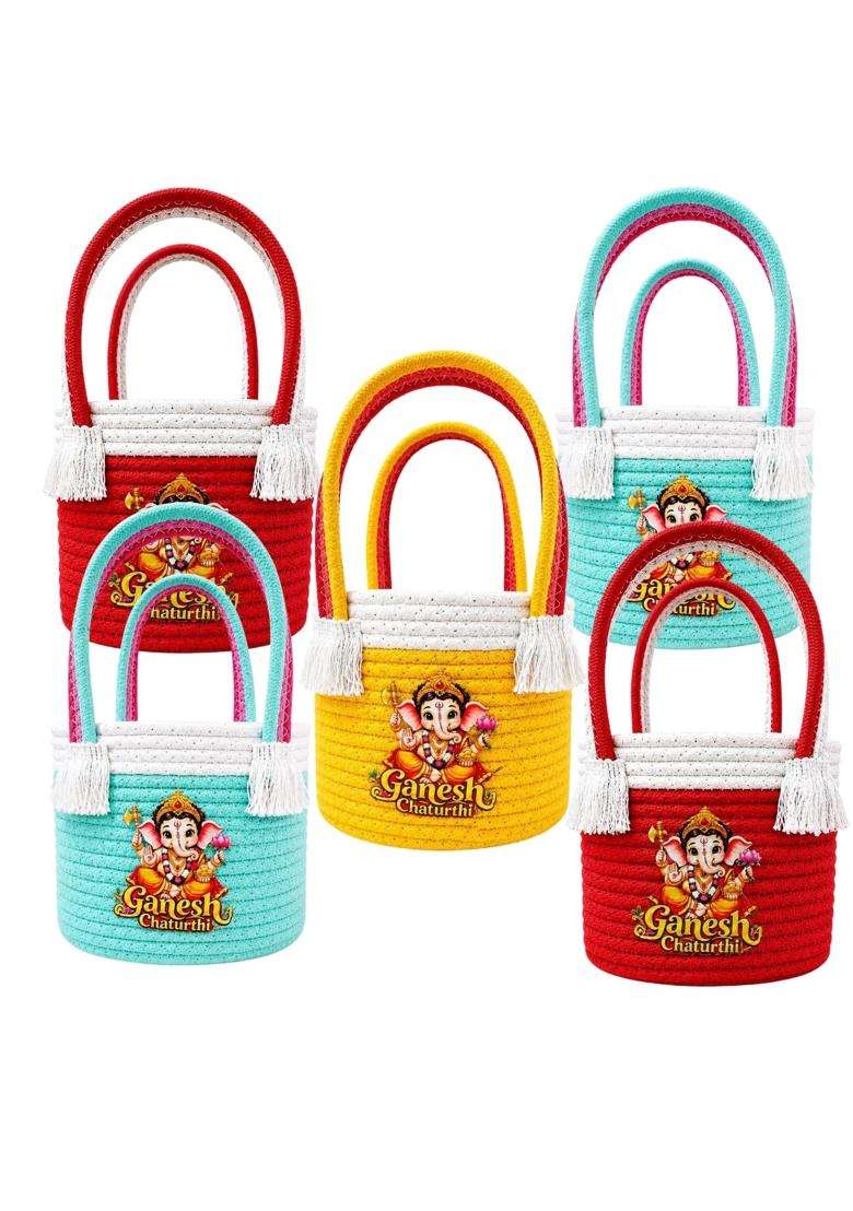VOK57 Multicolour Ganpati Return Gift Bags with Handles Ganesh Chaturthi Gift Bags Pack of 5 - Indya