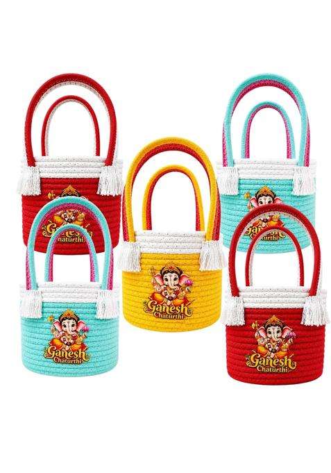 VOK57 Multicolour Ganpati Return Gift Bags with Handles Ganesh Chaturthi Gift Bags Pack of 5
