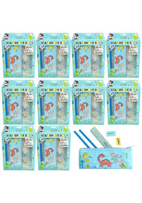 TERA 13 Pink Dinosaur Stationary Kit for Kids Pouch with Stationery Items for Boys and Girls Pack of 10