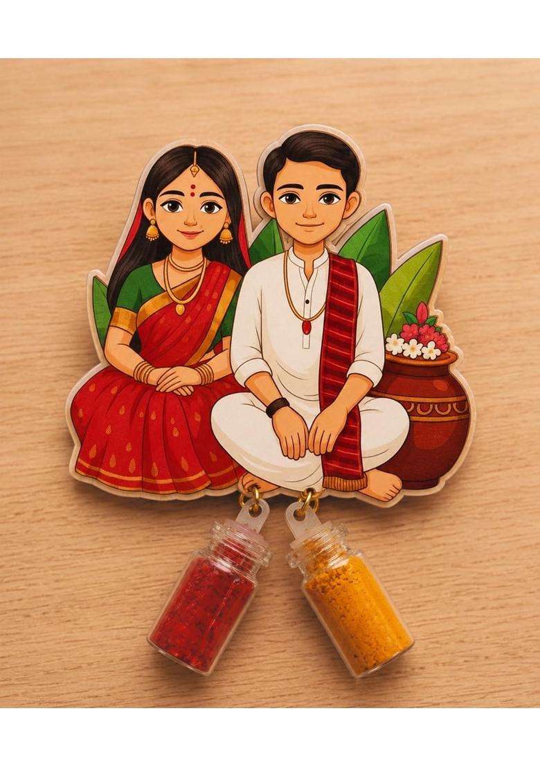 Multicolour Traditional Indian Couple MDF Fridge Magnet Combo with Haldi Kumkum Bottles Pack of 20 - Indya