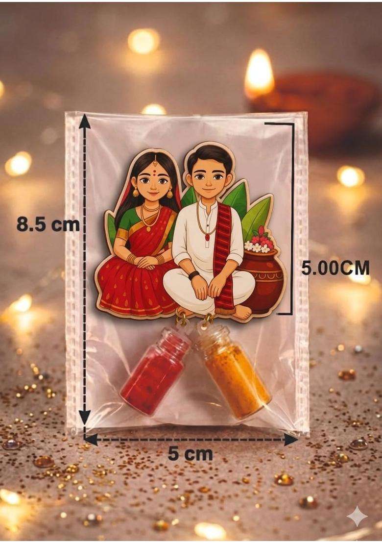Multicolour Traditional Indian Couple MDF Fridge Magnet Combo with Haldi Kumkum Bottles Pack of 20 - Indya