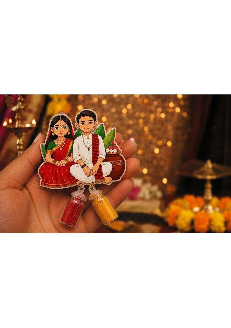 Multicolour Traditional Indian Couple MDF Fridge Magnet Combo with Haldi Kumkum Bottles Pack of 20 - Indya