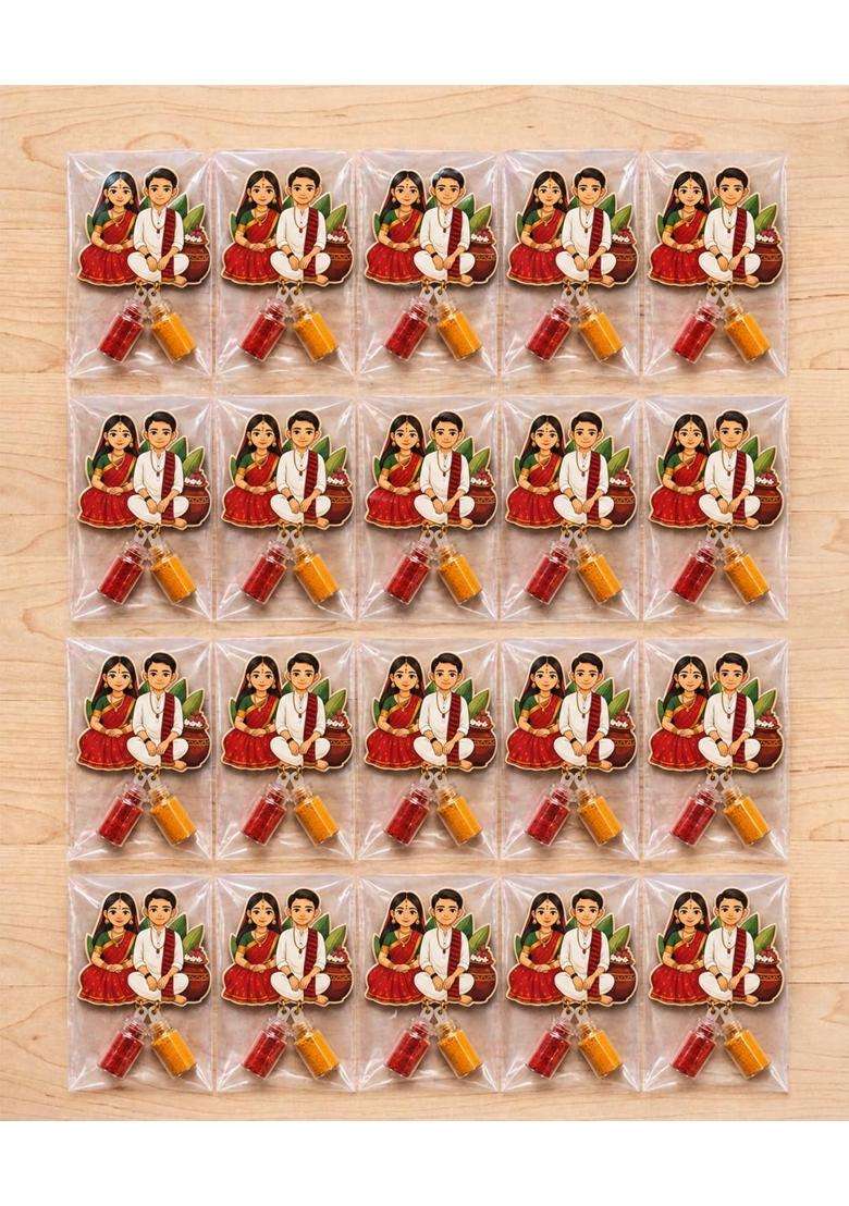 Multicolour Traditional Indian Couple MDF Fridge Magnet Combo with Haldi Kumkum Bottles Pack of 20 - Indya