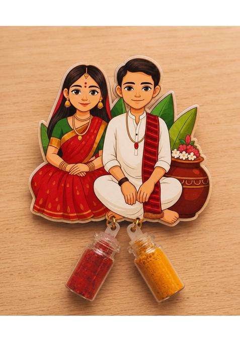 Multicolour Traditional Indian Couple MDF Fridge Magnet Combo with Haldi Kumkum Bottles Pack of 20