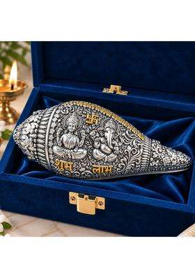Gold Art India Laxmi Ganesh Shankh 999 Silver Plated with Sacred Yantra and Shubh Labh Engraving
