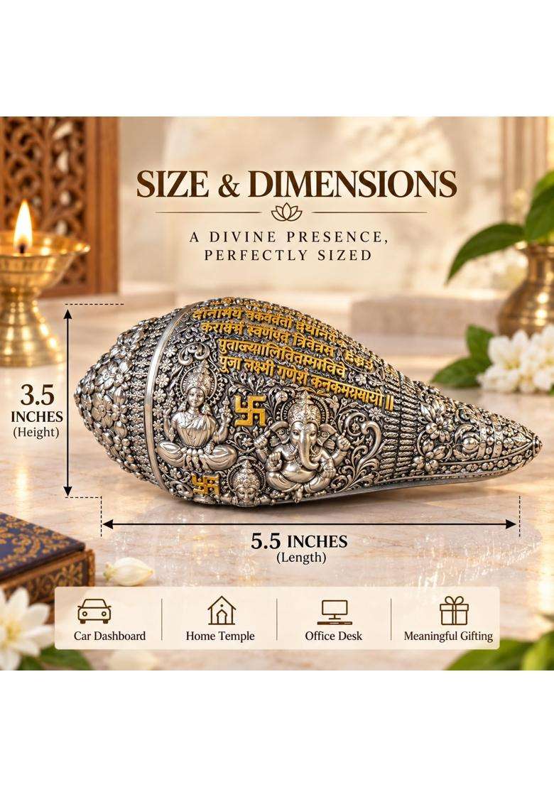 Gold Art India Laxmi Ganesh Shankh 999 Silver Plated with Sacred Yantra and Shubh Labh Engraving - Indya