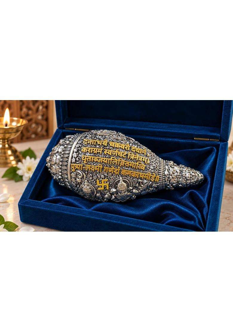 Gold Art India Laxmi Ganesh Shankh 999 Silver Plated with Sacred Yantra and Shubh Labh Engraving - Indya