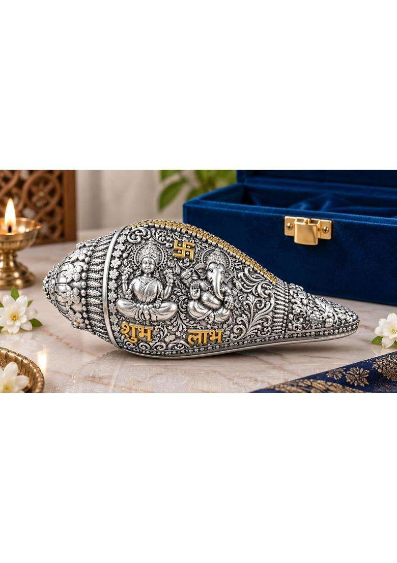 Gold Art India Laxmi Ganesh Shankh 999 Silver Plated with Sacred Yantra and Shubh Labh Engraving - Indya