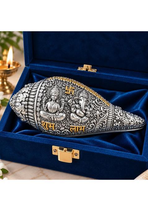 Gold Art India Laxmi Ganesh Shankh 999 Silver Plated with Sacred Yantra and Shubh Labh Engraving