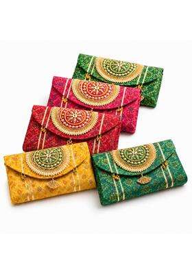 Jaipur Ace Women Ethnic Embroidered Clutch Bag with Golden Handwork and Tassel Pack of 5