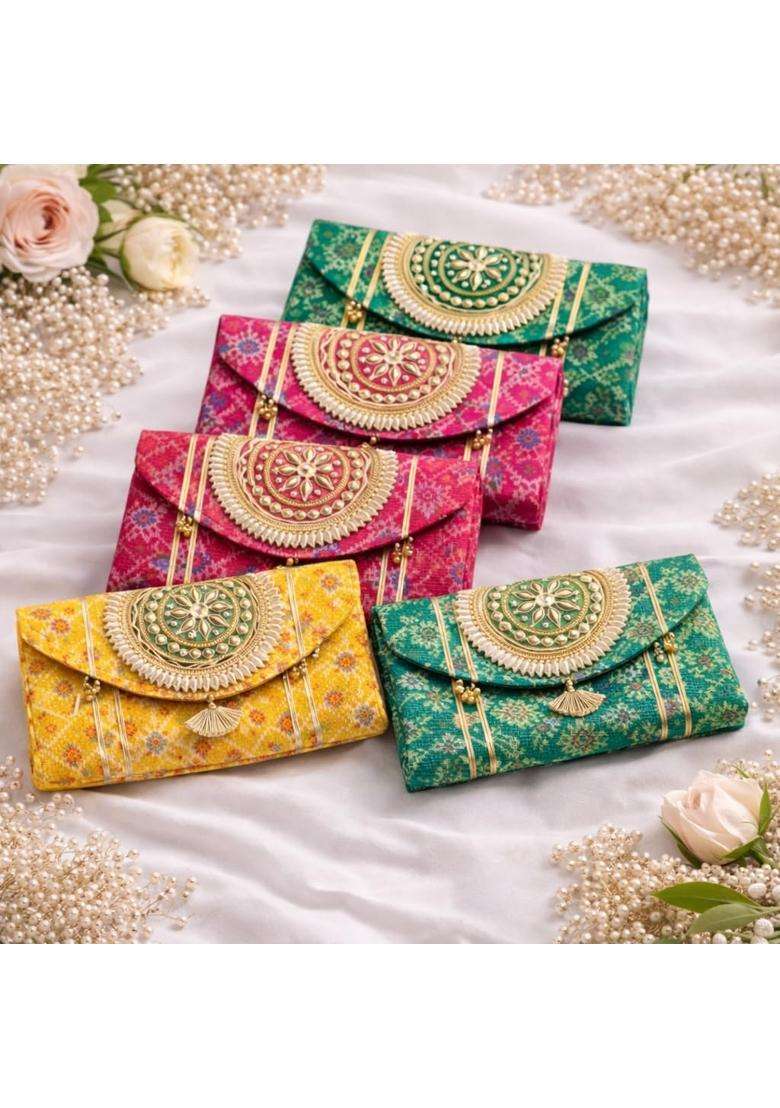 Jaipur Ace Women Ethnic Embroidered Clutch Bag with Golden Handwork and Tassel Pack of 5 - Indya