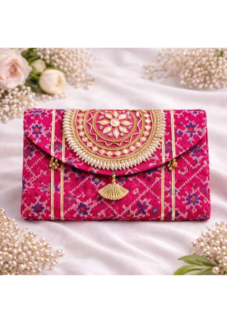 Jaipur Ace Women Ethnic Embroidered Clutch Bag with Golden Handwork and Tassel Pack of 5 - Indya