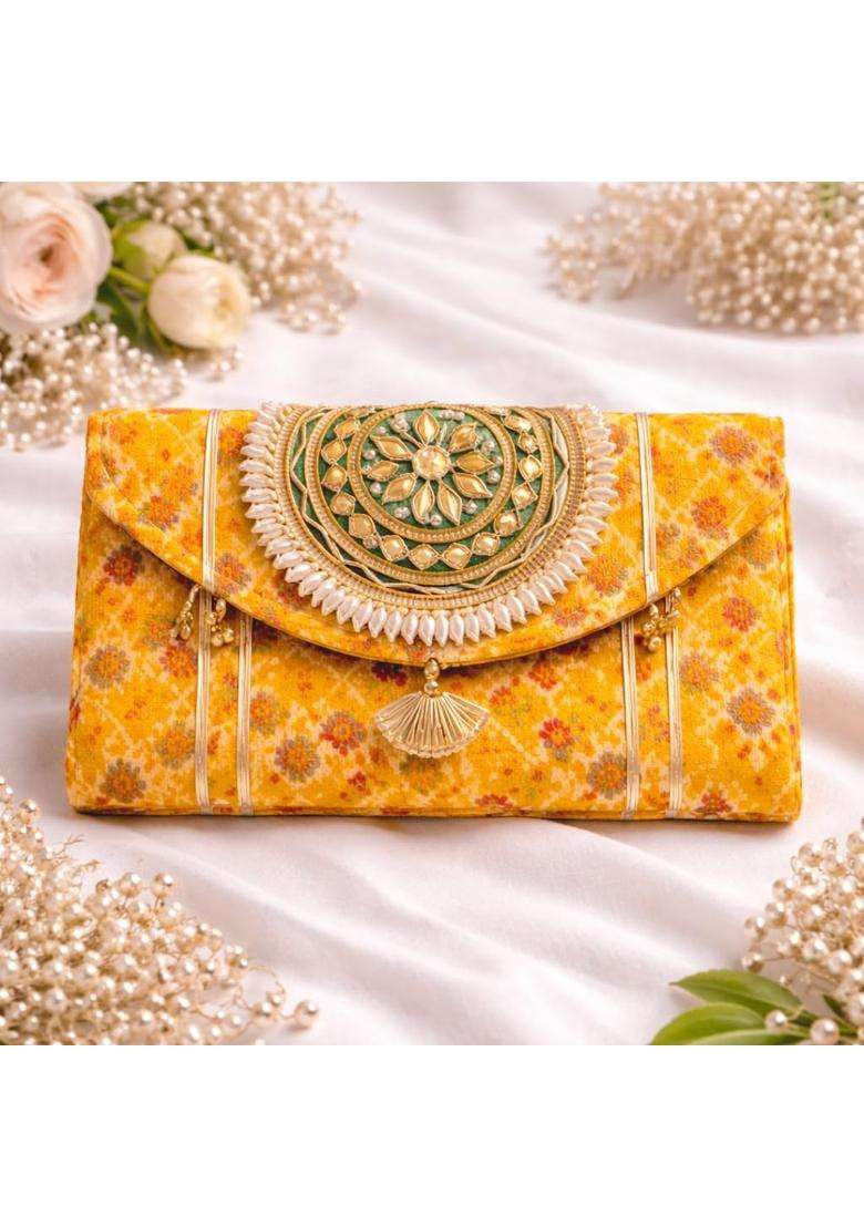 Jaipur Ace Women Ethnic Embroidered Clutch Bag with Golden Handwork and Tassel Pack of 5 - Indya