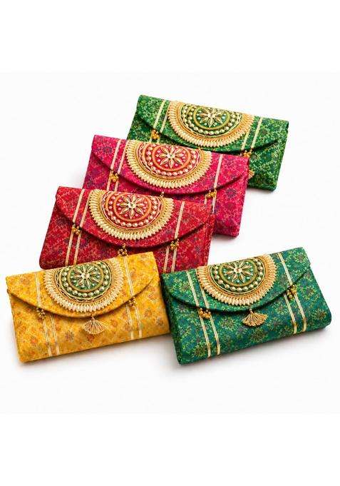 Jaipur Ace Women Ethnic Embroidered Clutch Bag with Golden Handwork and Tassel Pack of 5