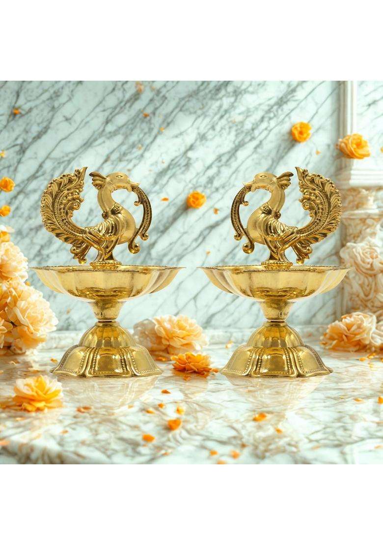 Craftvatika Golden Pure Brass Diya Peacock Design Brass Diya Set of 2 - Indya