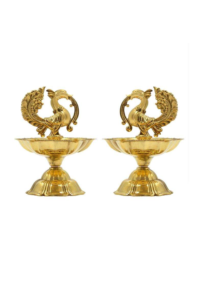 Craftvatika Golden Pure Brass Diya Peacock Design Brass Diya Set of 2 - Indya