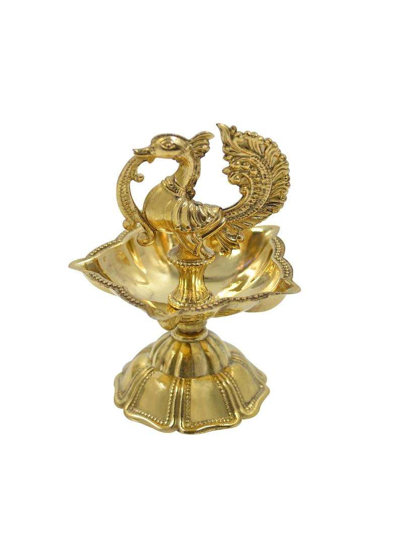 Craftvatika Golden Pure Brass Diya Peacock Design Brass Diya Set of 2 - Indya