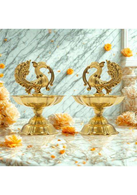 Craftvatika Golden Pure Brass Diya Peacock Design Brass Diya Set of 2