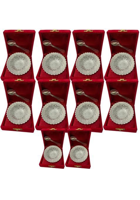 The Healing Store German Silver Bowl Set with Spoon and Royal Red Velvet Box Pc for Gifting Set of 2