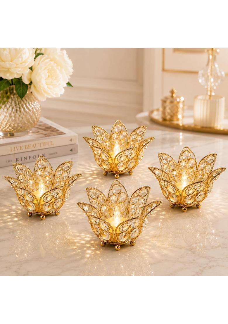 Centralit Gold Lotus Crystal Decorative Items for Home Decor Living Room Table Decor Showpiece Set of 4 - Indya