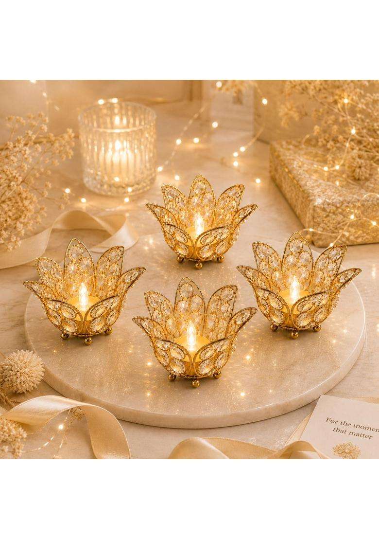 Centralit Gold Lotus Crystal Decorative Items for Home Decor Living Room Table Decor Showpiece Set of 4 - Indya