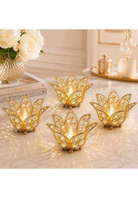 Centralit Gold Lotus Crystal Decorative Items for Home Decor Living Room Table Decor Showpiece Set of 4