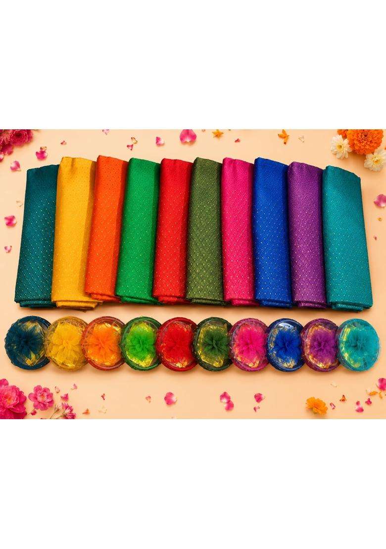 Multicolour 10 Blouse Pieces with 10 Bangle Return Gift Set Unstitched Blouse Fabric - Indya