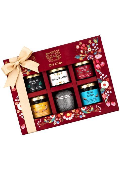 OH CHA Festive Tea Gift Box Assorted Tea Gift Set with Stainless Steel Infuser and Multiflora Honey