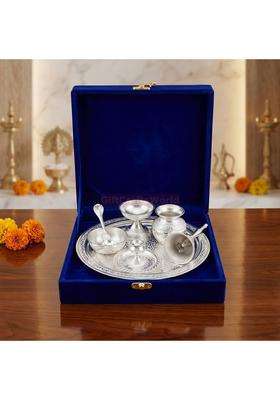 Giftcraftsworld Pooja Thali Set German Silver Design Arti Plate with Velvet Box Kalash Akhand Diya Agarbatti