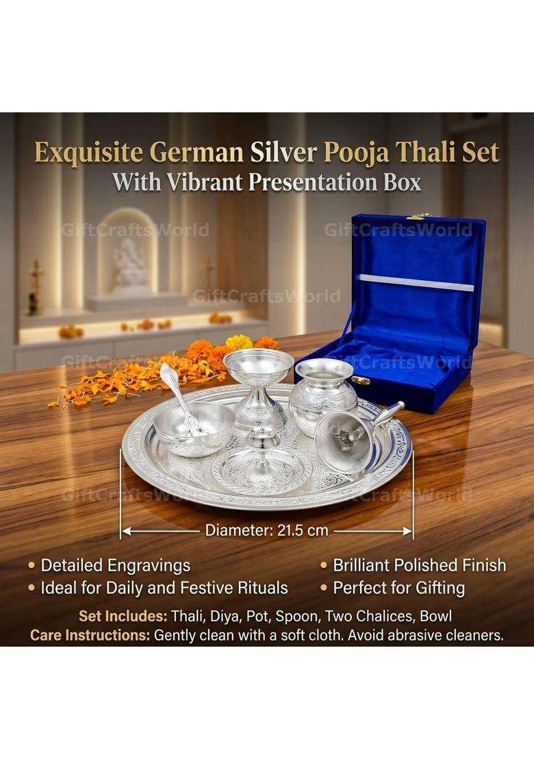 Giftcraftsworld Pooja Thali Set German Silver Design Arti Plate with Velvet Box Kalash Akhand Diya Agarbatti - Indya