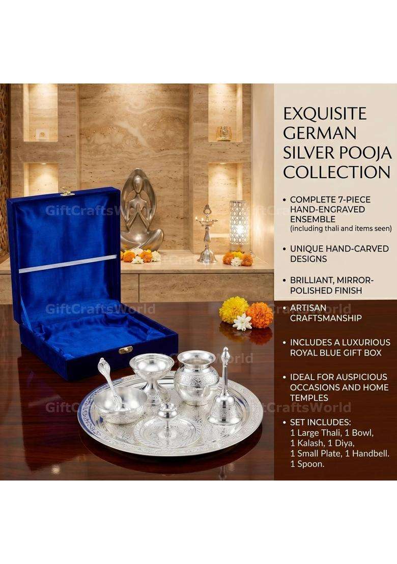Giftcraftsworld Pooja Thali Set German Silver Design Arti Plate with Velvet Box Kalash Akhand Diya Agarbatti - Indya
