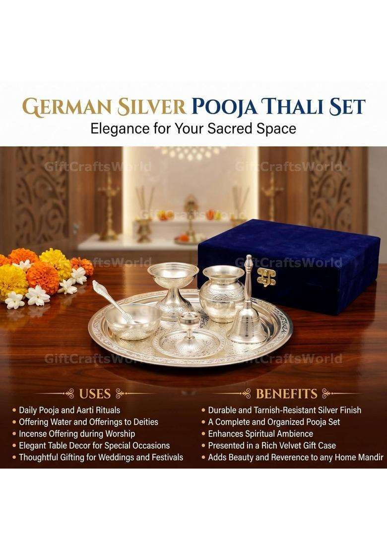 Giftcraftsworld Pooja Thali Set German Silver Design Arti Plate with Velvet Box Kalash Akhand Diya Agarbatti - Indya