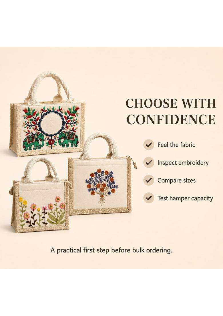 Ecocarry Embroidered Jute Hamper Bag for Gifting Reusable Jute Gift Bag with Handles - Indya