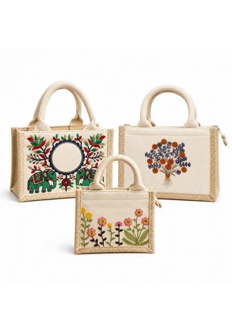 Ecocarry Embroidered Jute Hamper Bag for Gifting Reusable Jute Gift Bag with Handles