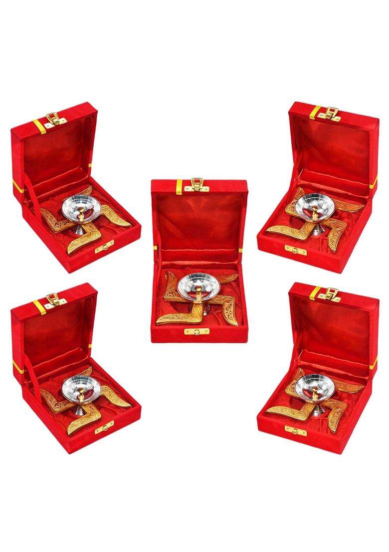 Saugat Traders Corporate Gifts for Diwali Combo Metal Swastik Diya with Box Gift for Clients Pack of 5 - Indya