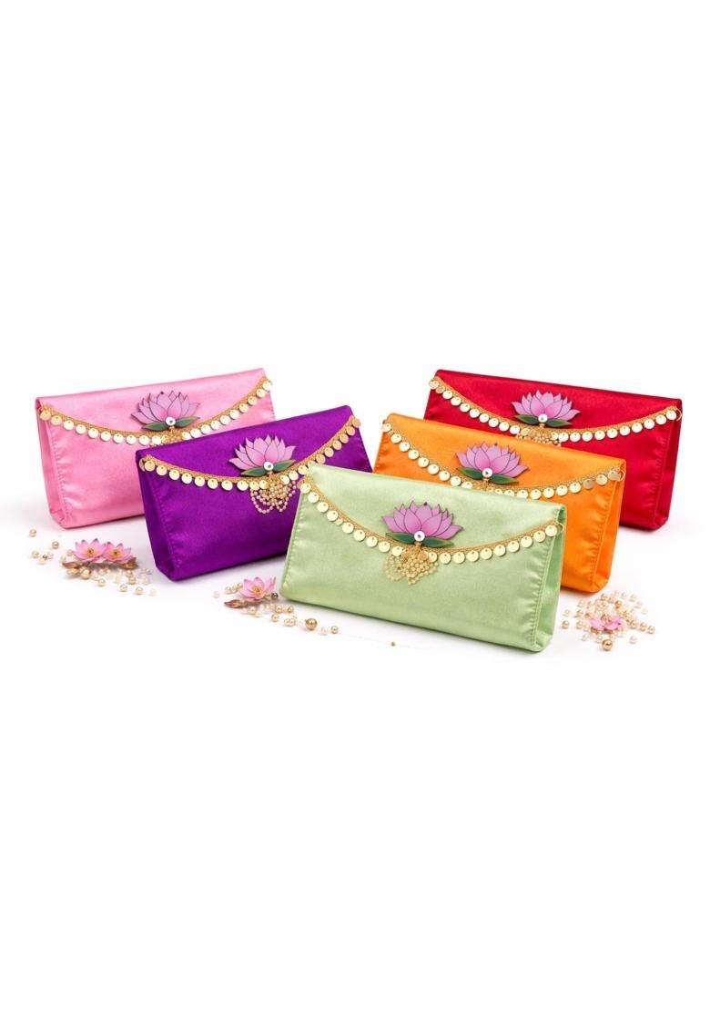 Jaipur Ace Luxury Lotus Designer Satin Clutch Combo Festive Envelope Style Hand Purses with Golden Pack of 5 - Indya