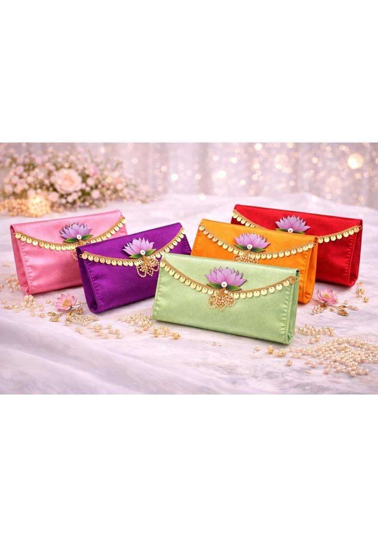 Jaipur Ace Luxury Lotus Designer Satin Clutch Combo Festive Envelope Style Hand Purses with Golden Pack of 5 - Indya