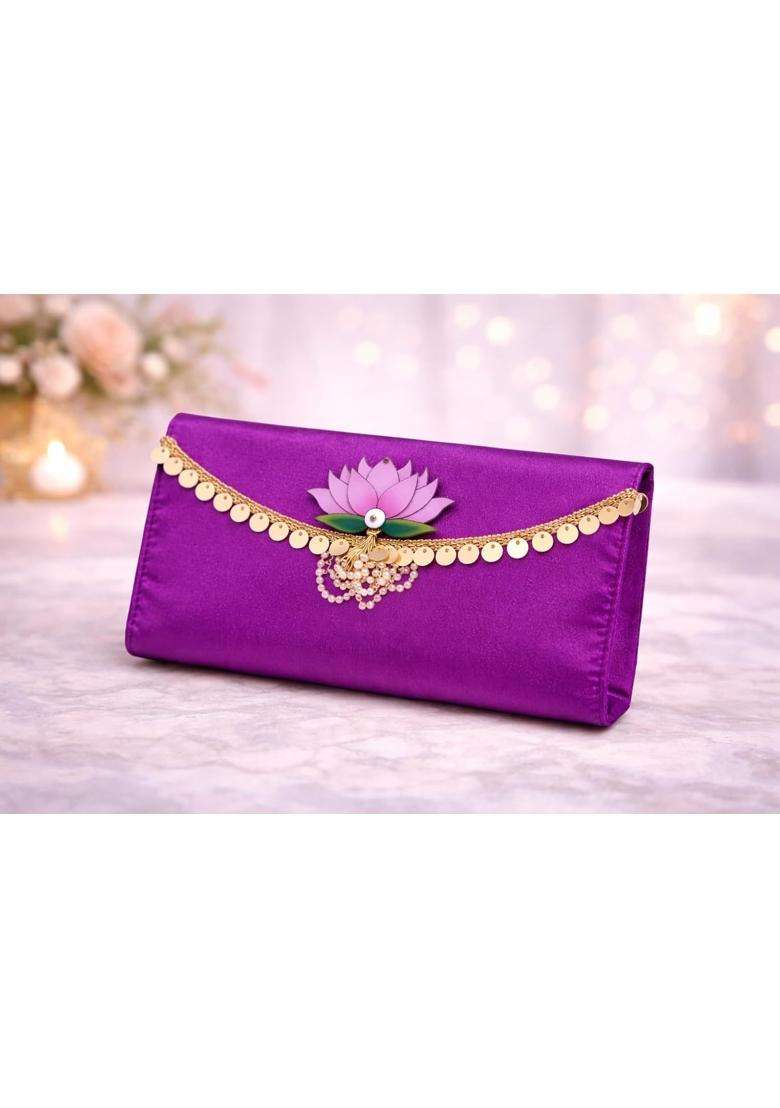 Jaipur Ace Luxury Lotus Designer Satin Clutch Combo Festive Envelope Style Hand Purses with Golden Pack of 5 - Indya