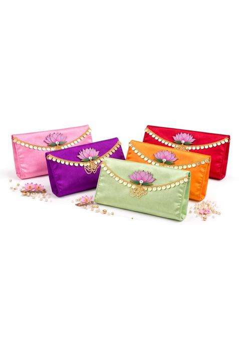 Jaipur Ace Luxury Lotus Designer Satin Clutch Combo Festive Envelope Style Hand Purses with Golden Pack of 5