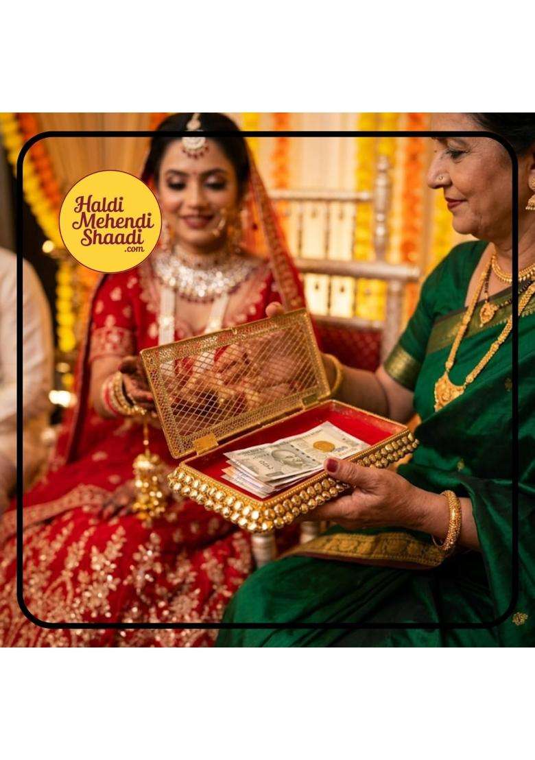 Haldi Mehendi Shaadi Shagun Cash Box Silver Gold Coin Jewellery Box Red Velvet Interior Ghungroo Border - Indya