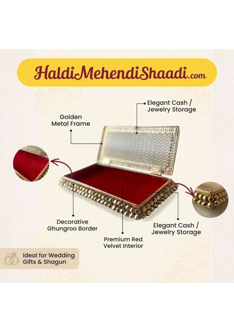 Haldi Mehendi Shaadi Shagun Cash Box Silver Gold Coin Jewellery Box Red Velvet Interior Ghungroo Border - Indya