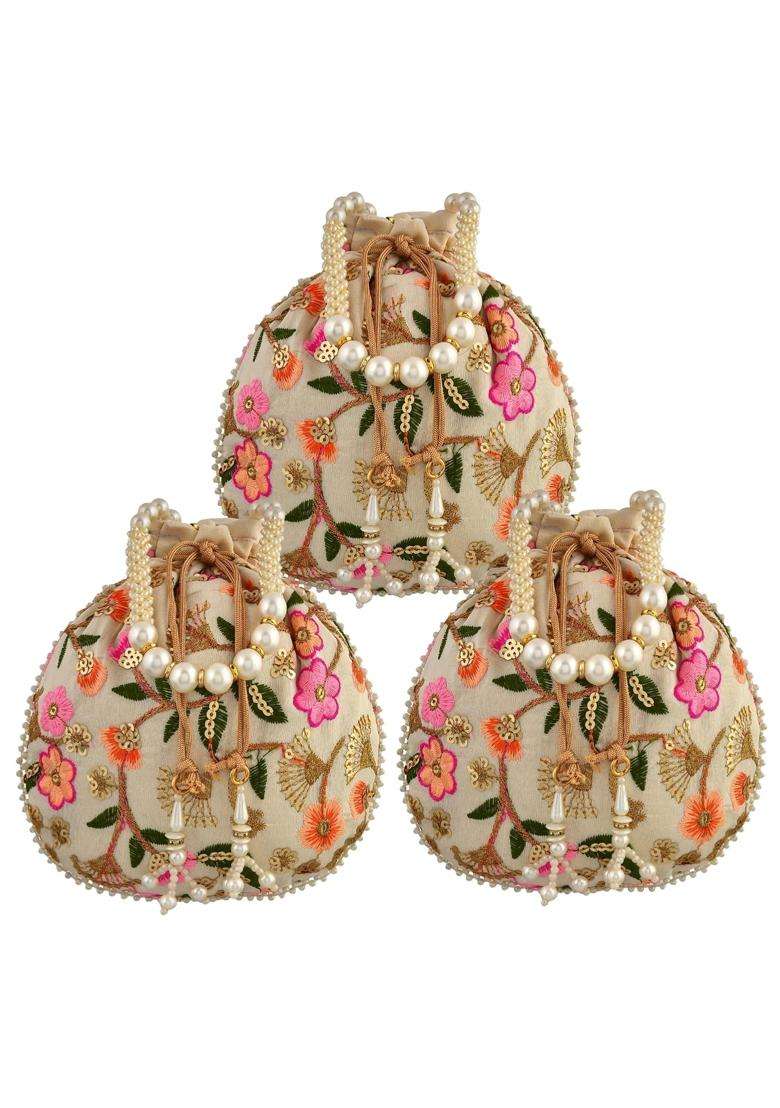 Kuber Industries Cream Silk Wedding Potli Baby Shower Pack of 3 - Indya