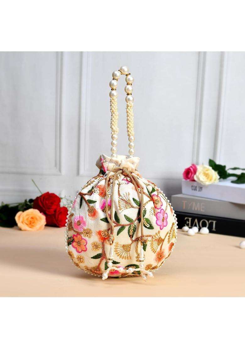 Kuber Industries Cream Silk Wedding Potli Baby Shower Pack of 3 - Indya