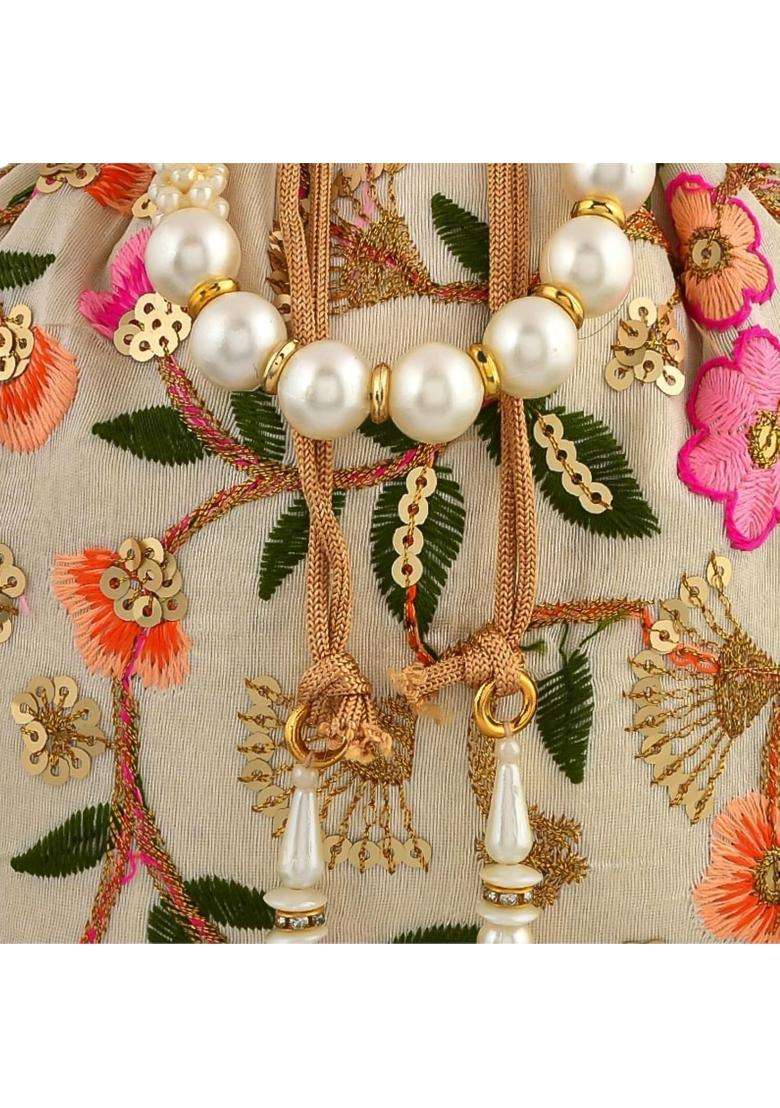 Kuber Industries Cream Silk Wedding Potli Baby Shower Pack of 3 - Indya